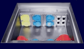 Floortank type UELZE, 8 modules with CEE-sockets, Single-pole-sockets, Neutrik-data-sockets