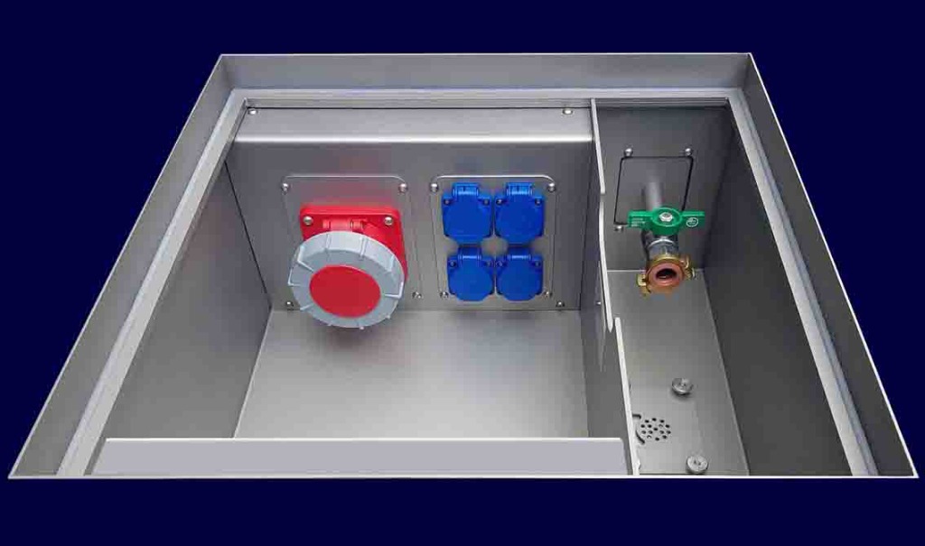 Underfloor tank type VORWERK, 2 modules M4 up to CEE 63A and up to 8 Schuko, distributor or 2 fresh water and waste water