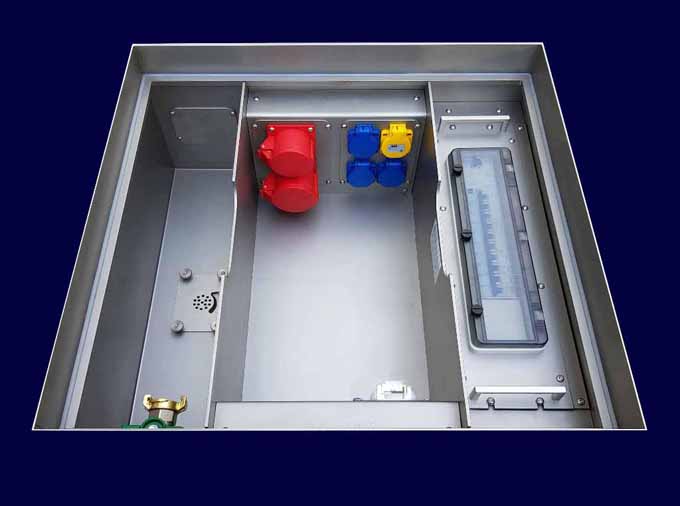 Underfloor-Distributor type WURZEN, CEE up to 63 A, 19 inch Rack-Distributor, Tap-Water, Wastewater